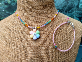 2-Delig setje kinderketting en armbandje in pastel met bloem hangertje