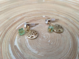 Goudkleurige levensboom oorstekers met strass en glas cubes