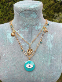 Tweedelige korte kettingen set in goud en turquoise