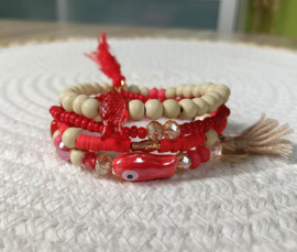 4-Delige rood met ecru armbanden set