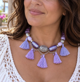 Paarse Ketting met Zilverfoil Glaskralen