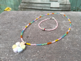 2-Delig setje kinderketting en armbandje in pastel met bloem hangertje