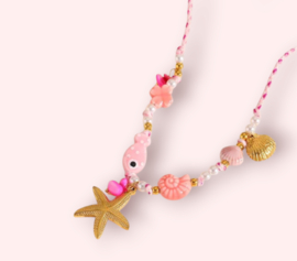 Zee Ketting Met Bedels "Sun, Sea, Beach" Koord en stainless Steel