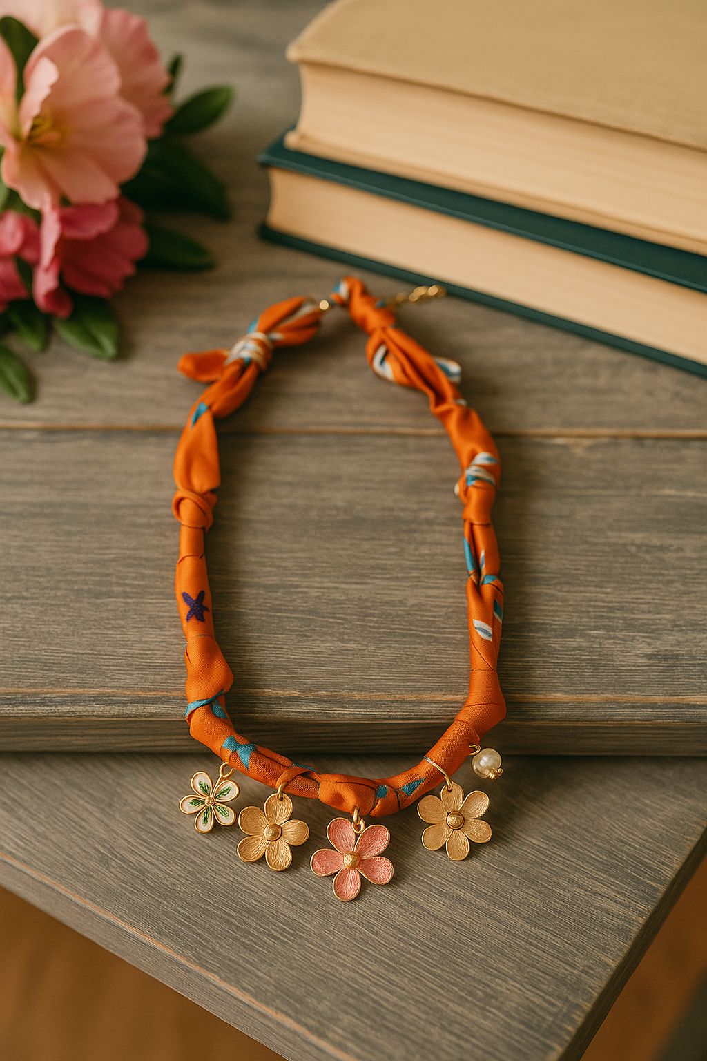 Scarf Necklace "Orange Flowers"