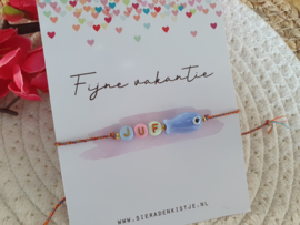Juffendag Armbandje met Kaartje "Mijn Juf Lavendelblauw" - Keuze uit veel kaartjes