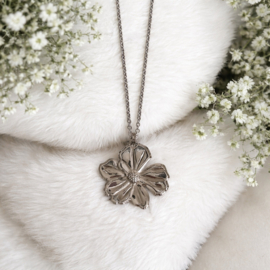 Ketting "Large Silver Flower" Kies zelf de lengte / Keuze uit echt leren ketting of stainless steel ketting