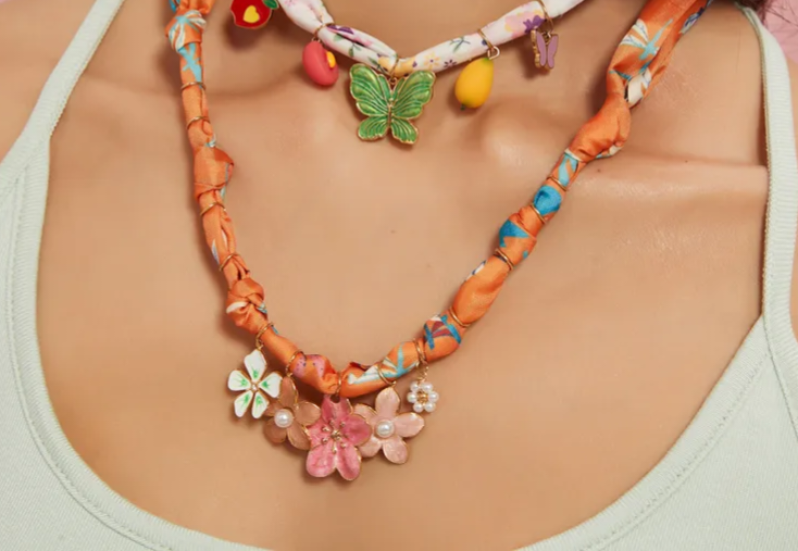 Scarf Necklace "Orange Flowers"