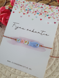 Juffendag Armbandje met Kaartje "Mijn Juf Lavendelblauw" - Keuze uit veel kaartjes
