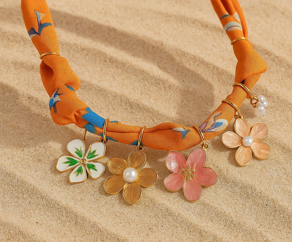 Scarf Necklace "Orange Flowers"