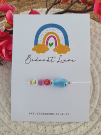 Juf Armbandje – “Bedankt Juf” met Blauw Visje en Kaartje Naar Keuze