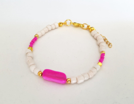 Schelp Armband "Pink Shell & Beads" Roze / Off White / Goud