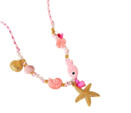 Zee Ketting Met Bedels "Sun, Sea, Beach" Koord en stainless Steel