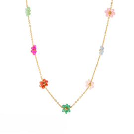 Bloemen Ketting "Colourful Beaded Flowers" Stainless Steel