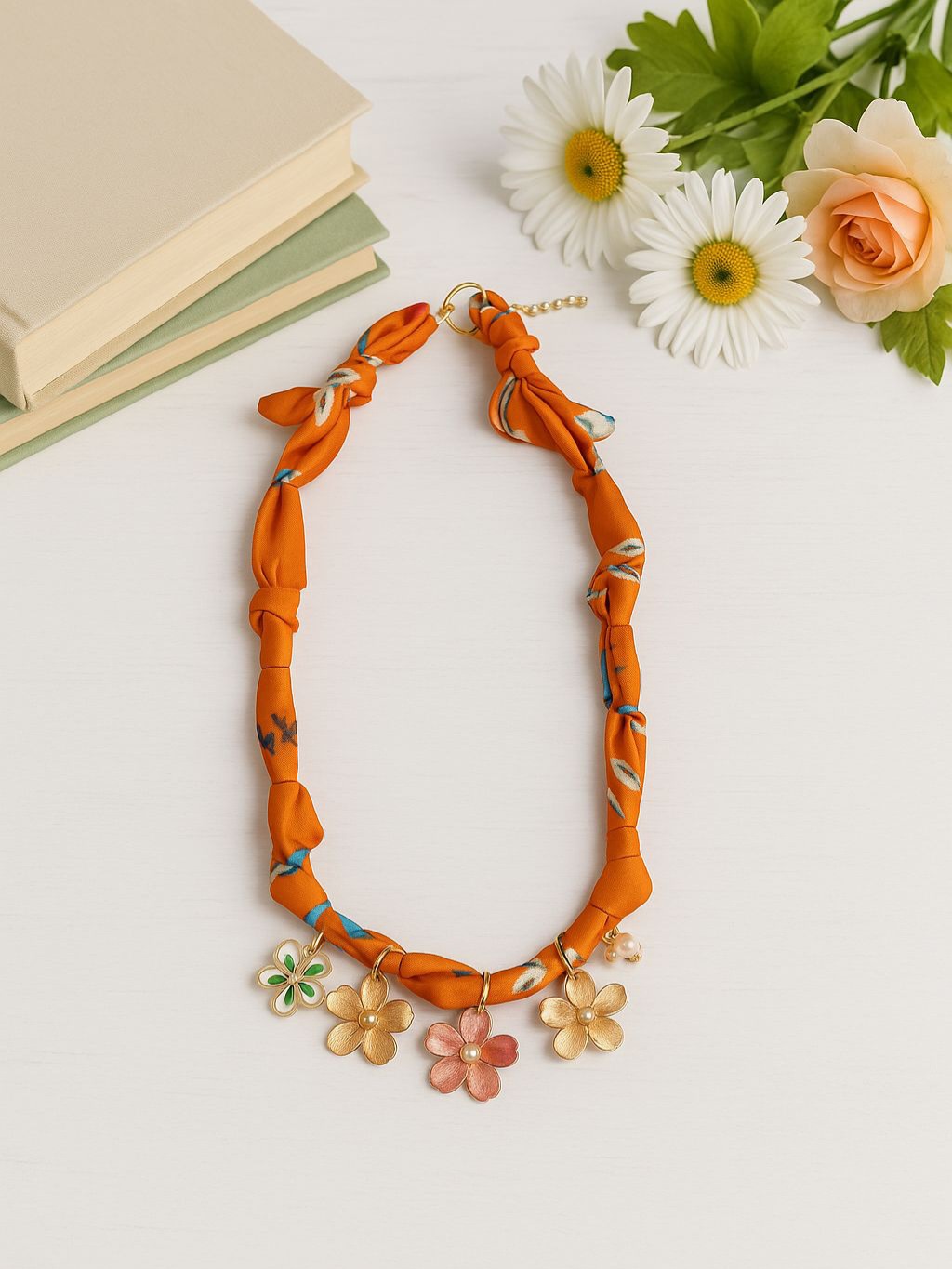 Scarf Necklace "Orange Flowers"