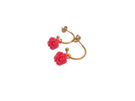 Bloem Oorbellen "Pink Rose Hoops" Stainless Steel / Goud