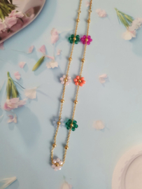 Bloemen Ketting "Colourful Beaded Flowers" Stainless Steel