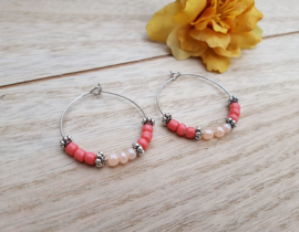 Oorbellen "Beaded Hoops"  Coral / Zilver