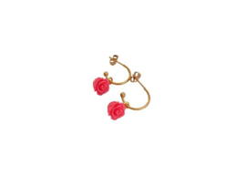 Bloem Oorbellen "Pink Rose Hoops" Stainless Steel / Goud