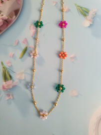 Bloemen Ketting "Colourful Beaded Flowers" Stainless Steel