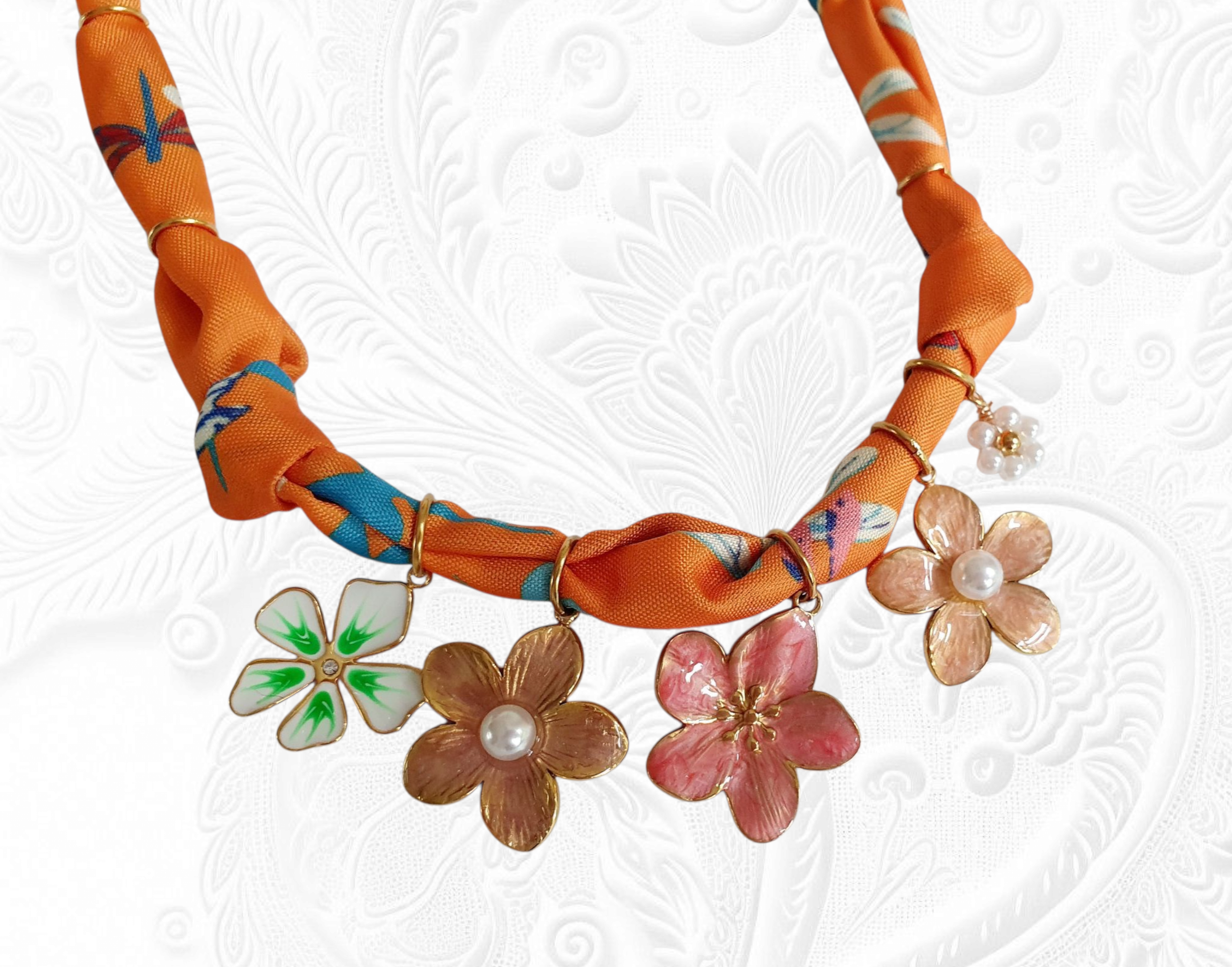 Scarf Necklace "Orange Flowers"