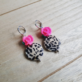 Luipaardprint Oorbellen "Leopard Rose" Creme met Roze