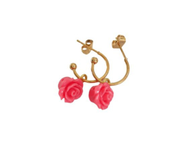 Bloem Oorbellen "Pink Rose Hoops" Stainless Steel / Goud