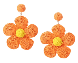 Grote Raffia Oorbellen "Raffia Flower" Oranje