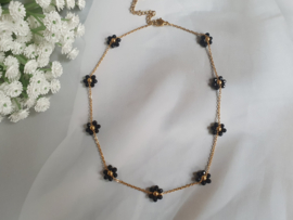 Bloemen Ketting "Black Flower Beads" Stainless Steel