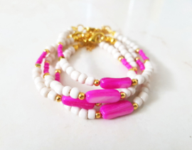 Schelp Armband "Pink Shell & Beads" Roze / Off White / Goud