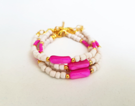 Schelp Armband "Pink Shell & Beads" Roze / Off White / Goud