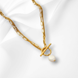 Korte Ketting "Double Layer With Pearl" Stainless Steel
