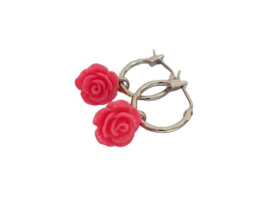 Bloem Oorbellen "Pink Rose Hoops" Roze / Zilverkleur