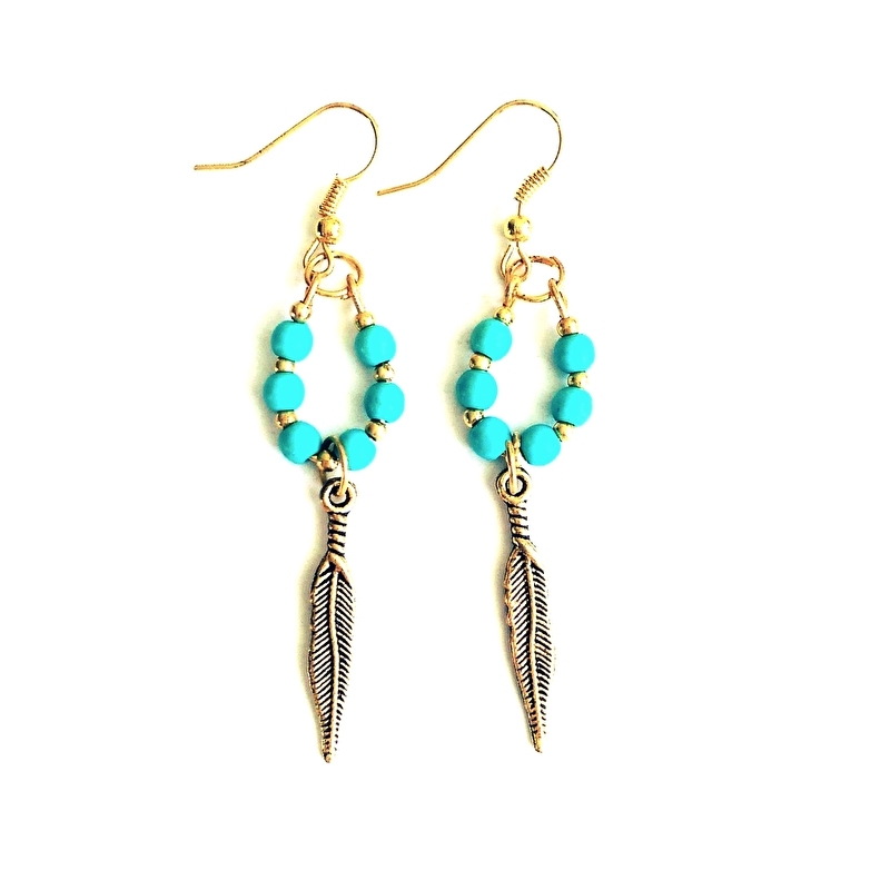 Oorbellen "Gold Feather" Turquoise of Coral