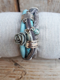 Armband leer lichtblauw antraciet