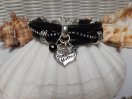 Leren armband zwart met moederdagbedel