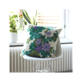 Kussenhoes ecru bloemen paars lila groen retro vintage