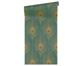 GROEN GEEL METALLIC PAUWENVEREN BEHANG - AS Creation Absolutely Chic