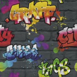 ZWARTE STENEN MET GRAFFITI BEHANG - Rasch Kids & Teens 3 237801