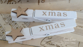 Houten wasknijper, wit met goud XMas