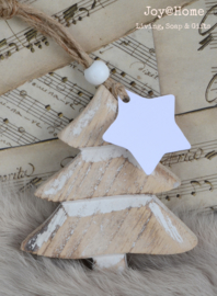 Houten kerstboom met sterlabel eigen tekst in vele kleurtjes