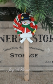 Kersthanger lolly sneeuwpop met vogel