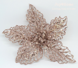 Decoratie glitterbloem met clip, champagne