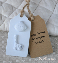 Geursteen baby/giraffe op label met label eigen tekst in diverse kleuren