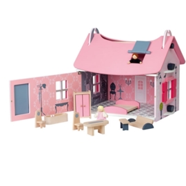 (Janod) Houten roze poppenhuis klein inclusief 10 accessoires "Mademoiselle"