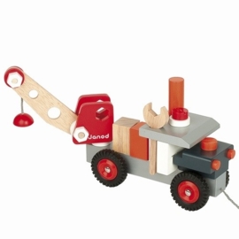 (Janod) Houten trekfiguur " Kraanwagen met gereedschap"