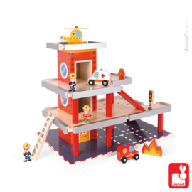 (Janod) Houten garage -  brandweerkazerne met figuren