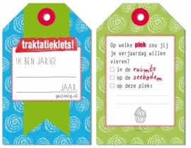 (Gezinnig) "Traktatieklets" labels 6 - 12 jaar 'Feest'