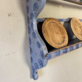 Authentic Swedish wooden plate rack with blue hand-painted motif
