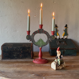 Unique Antique Swedish Wooden Candlestick with Christmas Motif (c. 1880–1920)