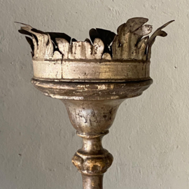 Antique French wooden church candlestick (87 cm) - gold-plated and silver-plated